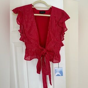 MAJORELLE Red Striped Ruffle Blouse